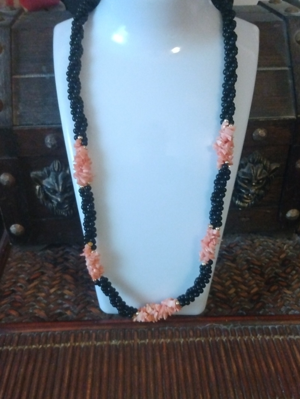 Handcrafted Black Beaded Necklace with Pink Coral Accents Vintage 22"